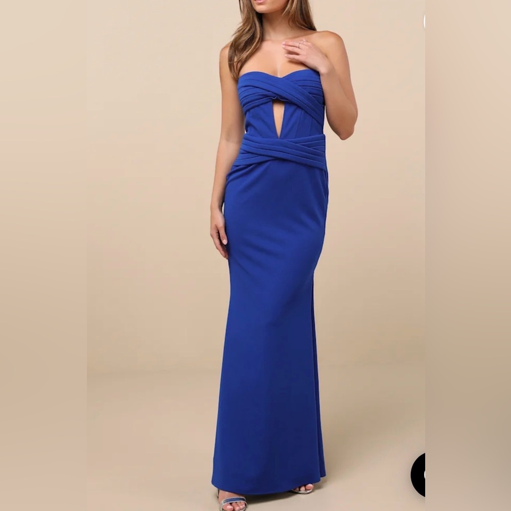 Lulu's Elegant Finesse Royal Blue Cut Out Strapless Maxi Gown Women’s Size M - Picture 1 of 15